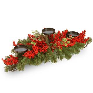 30-inch Vine Three-Candle Holder with Red Berries and Cone
