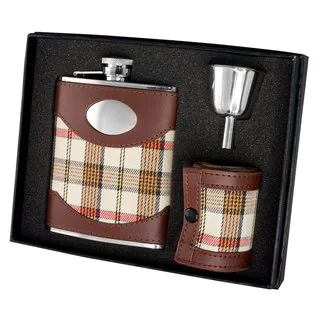 Visol Braw Plaid and Brown Leather Flask Gift Set - 6 ounces