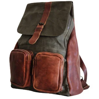 Sharo CL-700 Cache Green Canvas and Brown Genuine Leather Backpack