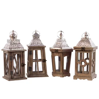 Wood Square Lantern with Silver Pierced Metal Top and Stained Wood Finish (Set of 4)