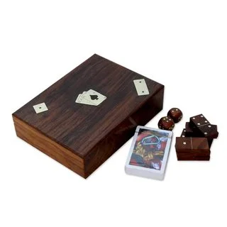 Handcrafted Seesham Wood Brass 'Three Game Fun' Game Pieces (India)