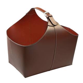 Brown Leather Magazine Basket with Strap