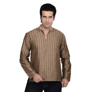 Handmade Shatranj Men's Kurta Tunic Banded Collar Vertical Stripe Shirt (India)