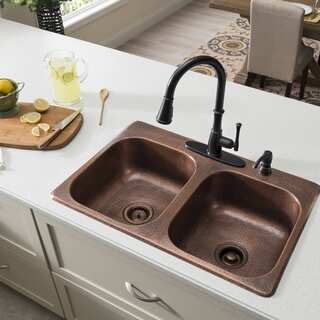Sinkology Raphael Drop-in Handmade Antique Copper Finish 33" 4-hole Double Bowl Kitchen Sink - Brown