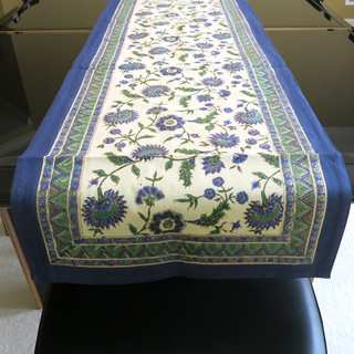 Hand Block Printed Blue with Gold-leaf Overlay 100-percent Cotton Table Runner (India)