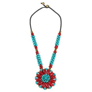 Handmade Blossoming Beauty Coral and Turquoise Stone Floral Necklace (Thailand)