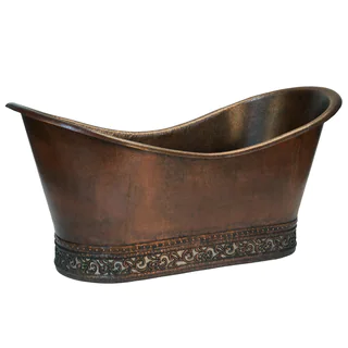 Premier Copper Products 67-inch Hammered Copper Double Slipper Bathtub with Scroll Base and Nickel Inlay