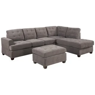3-piece Modern Grey Microfiber Reversible Sectional Sofa with Large Ottoman