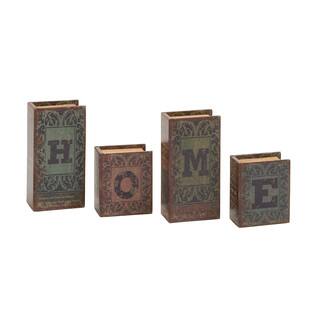 Home Written Wood Faux Leather Book Box Set of 4