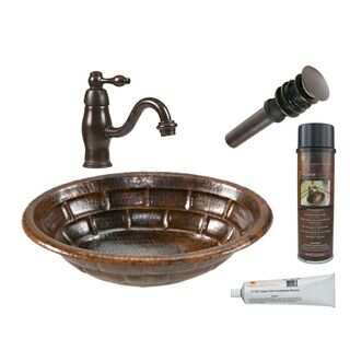 Premier Copper Products Oval Stacked Stone Self Rimming Hammered Copper Sink with Orb Single Handle Faucet