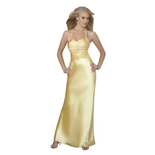 Women's Yellow Satin Halter Gown with Ruched Bustline