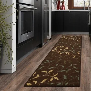 Ottomanson Ottohome Collection Chocolate Contemporary Leaves Design Modern Non-skid Runner Rug (2'7 x 10')
