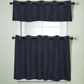 Modern Sublte Textured Solid Navy Blue Kitchen Curtains With Grommets Tiers