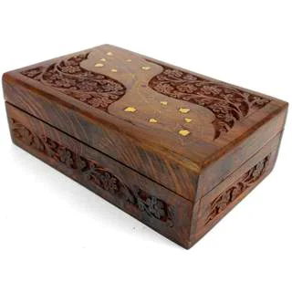 Handcrafted Carved Sheesham Wood Box with Brass Inlay (India)