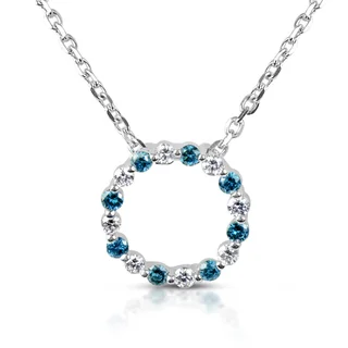 Suzy Levian 14k White Gold .25ct TDW Blue and White Diamond Circle Pendant Necklace (H-I, SI1-SI2)