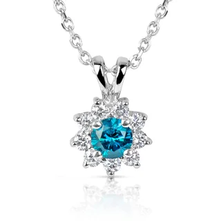 Suzy Levian 14k White Gold .61ct TDW Blue and White Diamond Floral Center Stone Pendant Necklace (H-I, SI1-SI2)