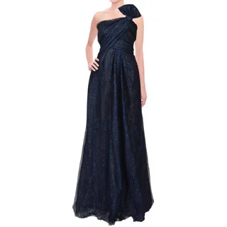 Rene Ruiz Metallic Blue Layered Tulle Bow Strapless Evening Dress