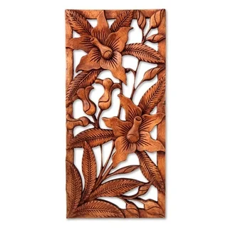 Handcrafted Suar Wood 'Balinese Orchids' Relief Panel (Indonesia)