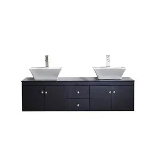 Vinnova Ravenna 60-inch Double Espresso Vanity with White Sink, and Black Glass Countertop