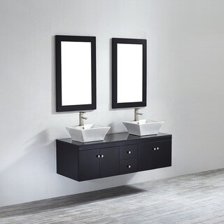 Vinnova Ravenna 60-inch Double Espresso Vanity with White Vessel Sink, Black Glass Countertop, and Mirror