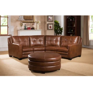 Oakbrook Brown Curved Top Grain Leather Sectional Sofa and Ottoman