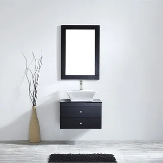 Vinnova Ravenna 24-inch Single Espresso Vanity with White Vessel Sink, Black Glass Countertop, and Mirror