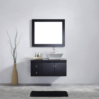 Vinnova Ravenna 36-inch Single Espresso Vanity with White Vessel Sink, Black Glass Countertop, and Mirror