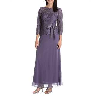 Patra Women's Sheer Yoke and 3/4 Sleeves Lace Bodice Ribbon Belted Evening Gown