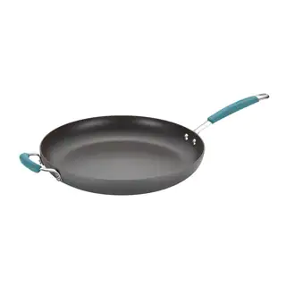 Rachael Ray Cucina Hard-Anodized Nonstick 14-Inch Skillet with Helper Handle, Gray with Agave Blue Handles