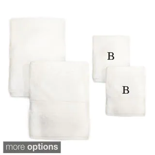 Authentic Hotel and Spa 4-piece White Turkish Cotton Towel Set with Black Monogrammed Initial Hand Towel