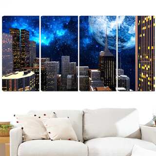 Design Art 'Abstract City at Night' 48 x 28-inch 4-panel Contemporary Canvas Art Print