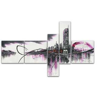 Design Art 'Modern Purple Cityscape' 66 x 36-inch 5-panel Canvas Art Print