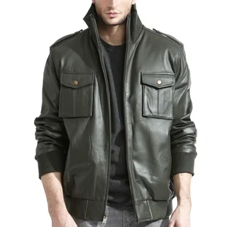 Men's Olive Lambskin Leather Bomber Jacket with Knit Trim