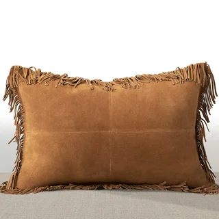 Chauran Coronado Rust Suede Luxury Lumbar Feather and Down Filled Pillow with Fringe Border