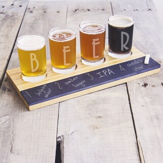 Bamboo and Slate Craft Beer Tasting Flight Board with 'BEER' Engraved Glasses