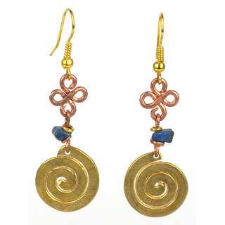 Handcrafted Copper, Brass, and Agate Earrings with Brass Swirl (Kenya)