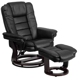Contemporary Leather Recliner and Ottoman with Swiveling Mahogany Wood Base