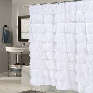 Elegant White Crushed Voile Ruffled Tier Shower Curtain