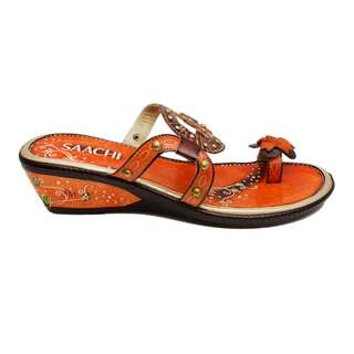 Saachi Women's Orange and Brown Circle Cutout Leather Sandals