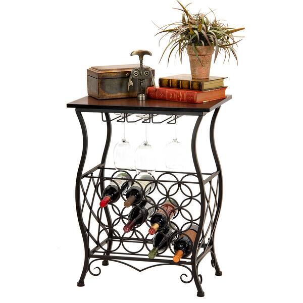 Oil Rubbed Bronze Finish Wine Bottle And Accessory Table With Wood Top
