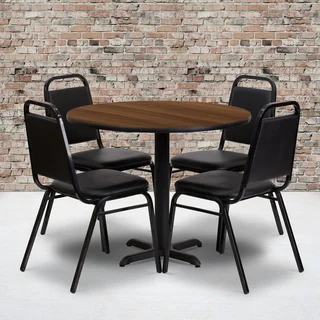 36-inch Round Walnut Laminate Table Set with Four (4) Black Trapezoidal Back Banquet Chairs