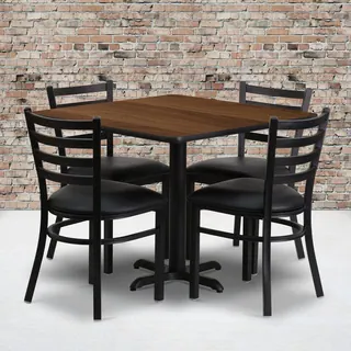 36-inch Square Walnut Laminate Table Set with Four (4) Black Vinyl Seat Ladder Back Metal Chairs
