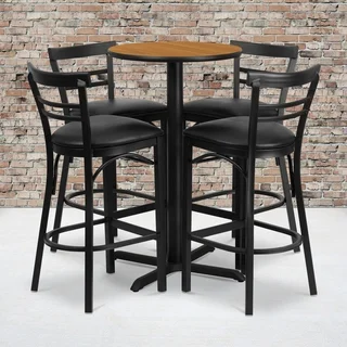 24-inch Round Natural Laminate Table Set with Four (4) Black Vinyl Seat Ladder Back Metal Bar Stools