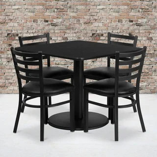 36-inch Square Black Laminate Table Set with Four (4) Black Vinyl Seat Ladder Back Metal Chairs