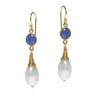 Wonder Pearl Sapphire Gold Over .925 Dangle Earrings (Thailand)