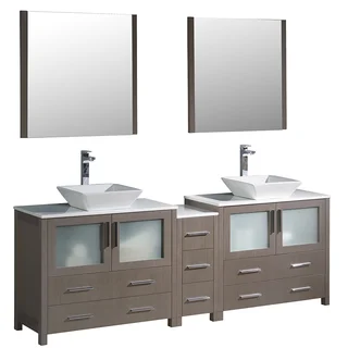 Fresca Torino 84-inch Grey Oak Modern Double Sink Bathroom Vanity with Side Cabinet and Vessel Sinks