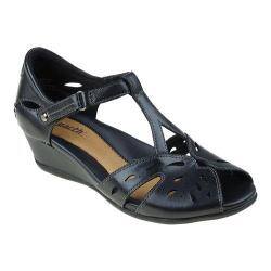 Women's Earth Rosemary T Strap Wedge Black Soft Calf Leather