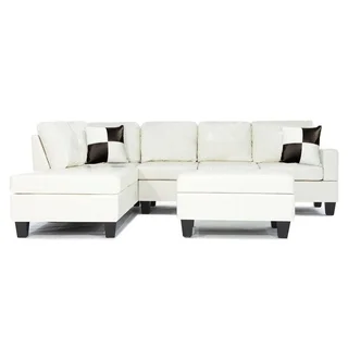 3-piece Modern White Bonded Leather Reversible Sectional Sofa with Large Ottoman