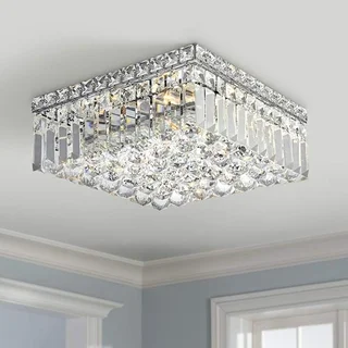 Glam Art Deco Style 4-light Polished Chrome Finish with Faceted Crystal Ball Prism 12-inch Square Flush Mount Ceiling Light