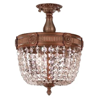 French Empire Basket Style Collection 3-light Antique Gold Finish with Clear Crystal 12-inch Basket Semi-flush Mount Light
